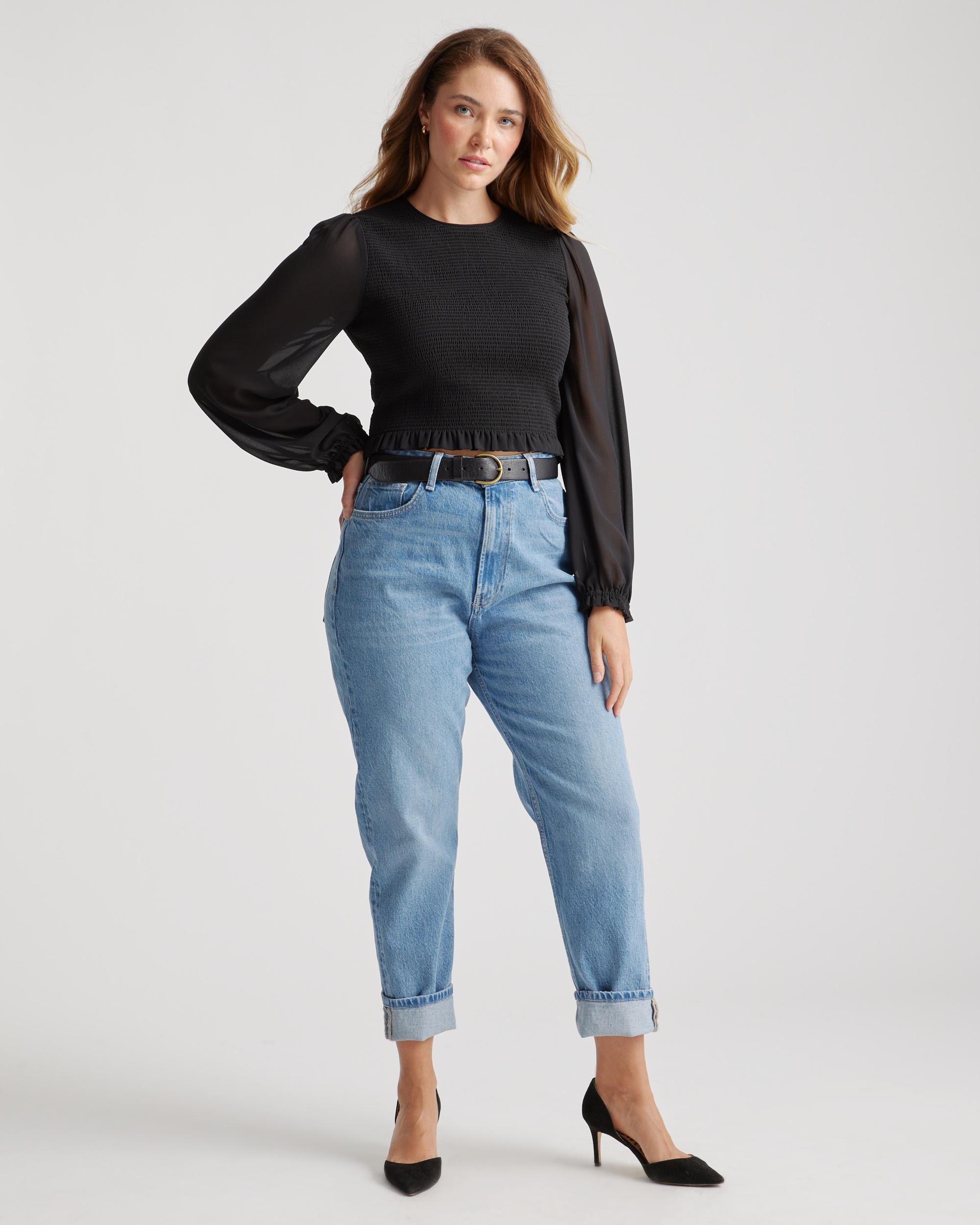 Quince | Women's Chiffon Cropped Smocked Blouse Recycled Polyester Product Image