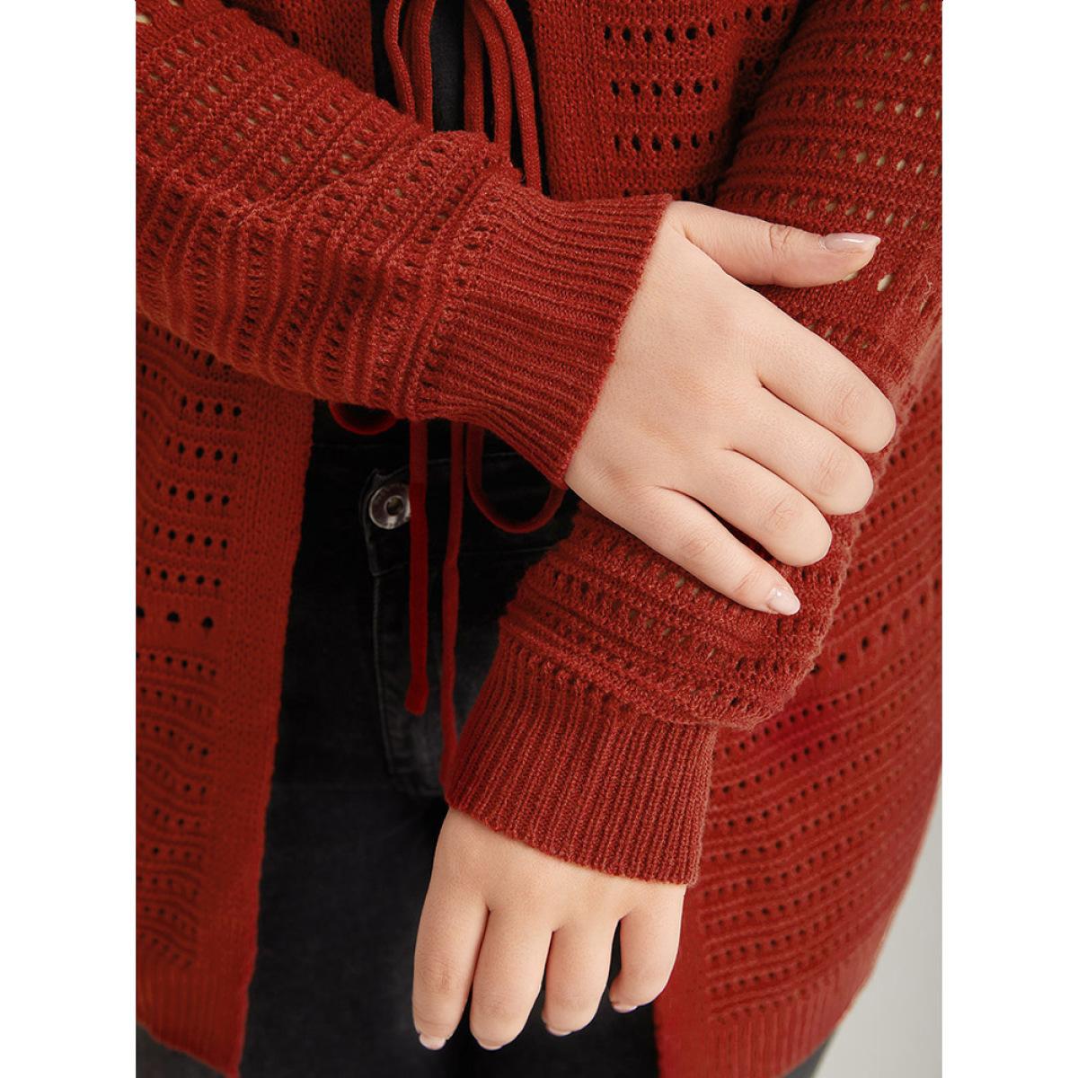 Plus Size Plain Ties Front Geometric Eyelet Cardigan Rust Women Casual Loose Long Sleeve Dailywear Cardigans BloomChic 28/5X Product Image