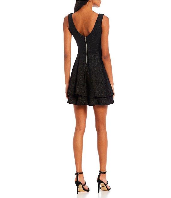 Honey and Rosie Wide Strap V-Neck Fit & Flare Double Hem Glitter Dress Product Image