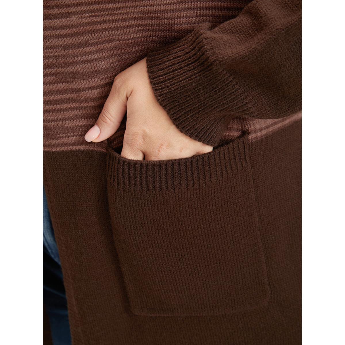 Plus Size Colorblock Contrast Pointelle Knit Pocket Belted Open Front Cardigan Multicolor Women Casual Loose Long Sleeve Dailywear Cardigans BloomChic 12/L Product Image