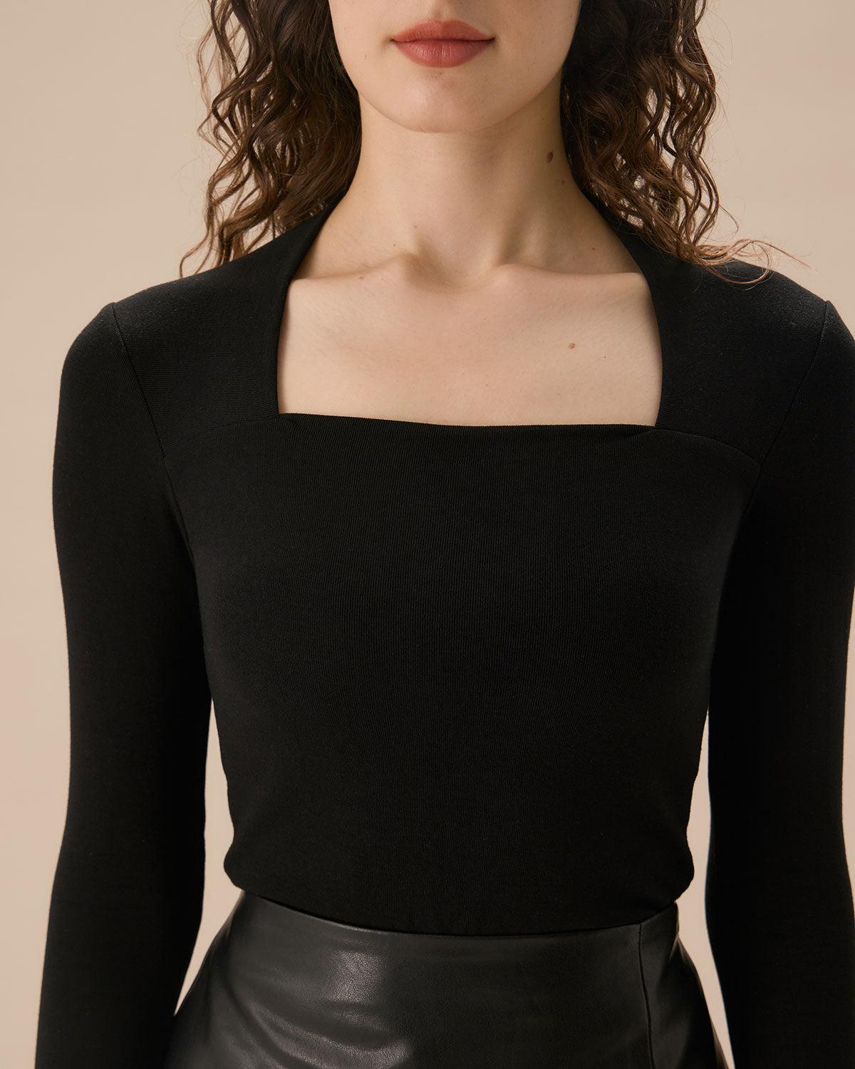 Black Square Neck Slim Knit Tee Product Image