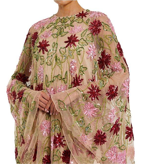 Mac Duggal Crew Neck Long Bell Sleeves Beaded Floral Mesh Shift Mini Dress Product Image