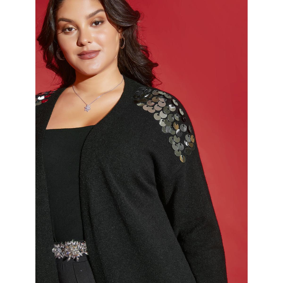 Plus Size Supersoft Essentials Silver Sequins Shoulder Open Cardigan Black Women Cocktail Loose Long Sleeve Party Cardigans BloomChic 28/5X Product Image