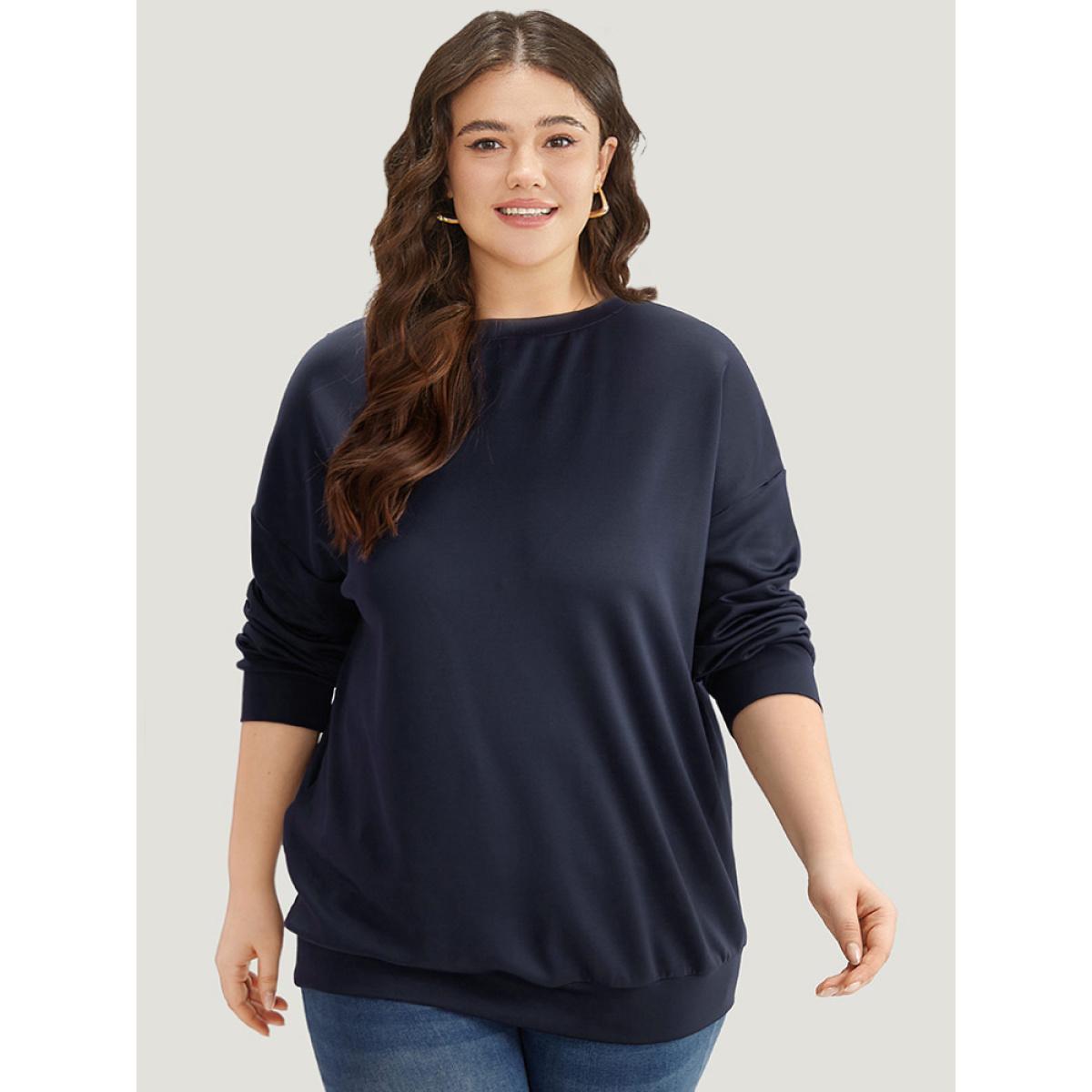 Plus Size Solid Button Detail Patchwork Sweatshirt Women Indigo Casual Elastic cuffs Round Neck Dailywear Sweatshirts BloomChic 14-16/1X Product Image