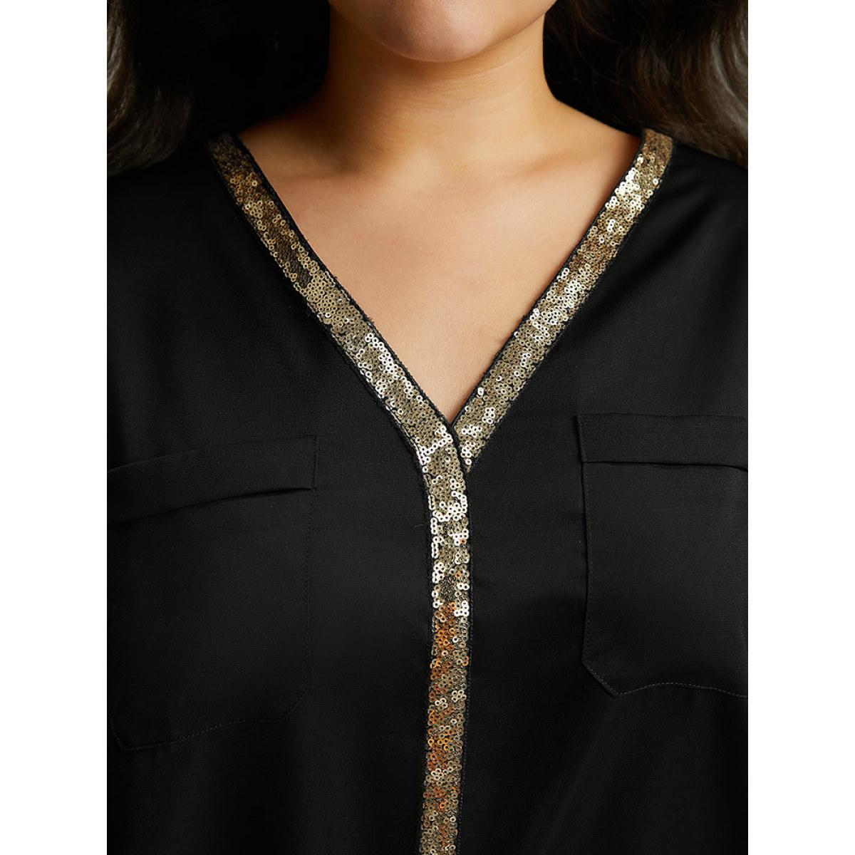 Plus Size Black Sequin Patchwork V Neck Blouse Women Glamour Long Sleeve V-neck Party Blouses BloomChic 28/5X Product Image