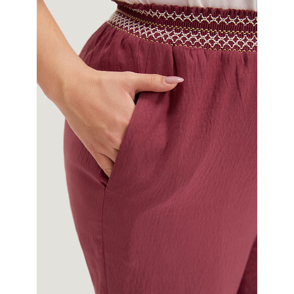 Plus Size Contrast Pocket Shirred Paperbag Waist Carrot Pants Women Burgundy Elegant High Rise Dailywear Pants BloomChic 14-16/1X Product Image
