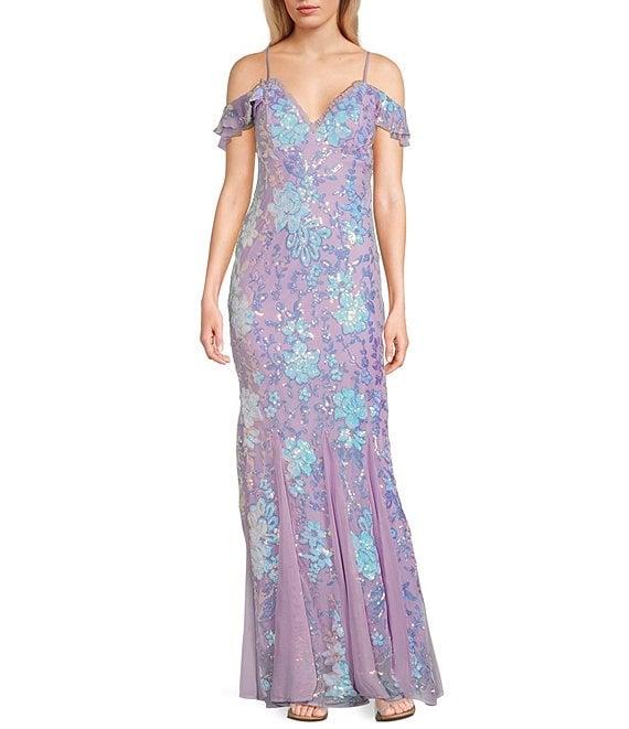 Morgan & Co. Floral Sequin V-Neck Off-The-Shoulder Sleeve Dress Product Image