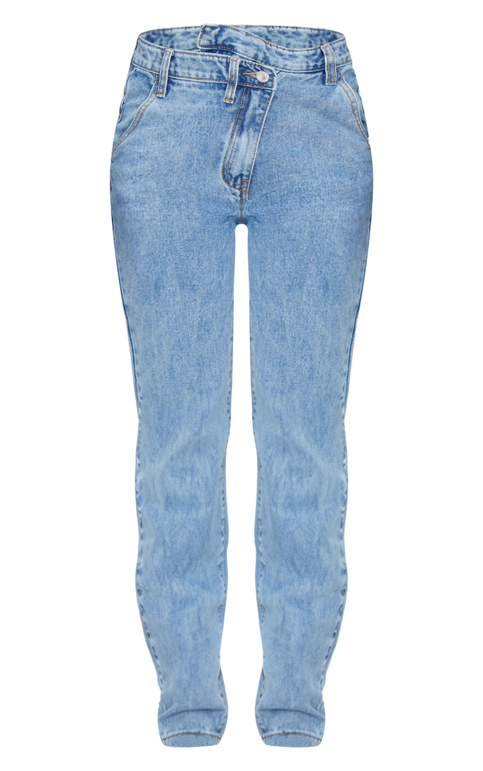 Light Blue Wash Asymmetric Waistband Long Straight Leg Jeans Product Image