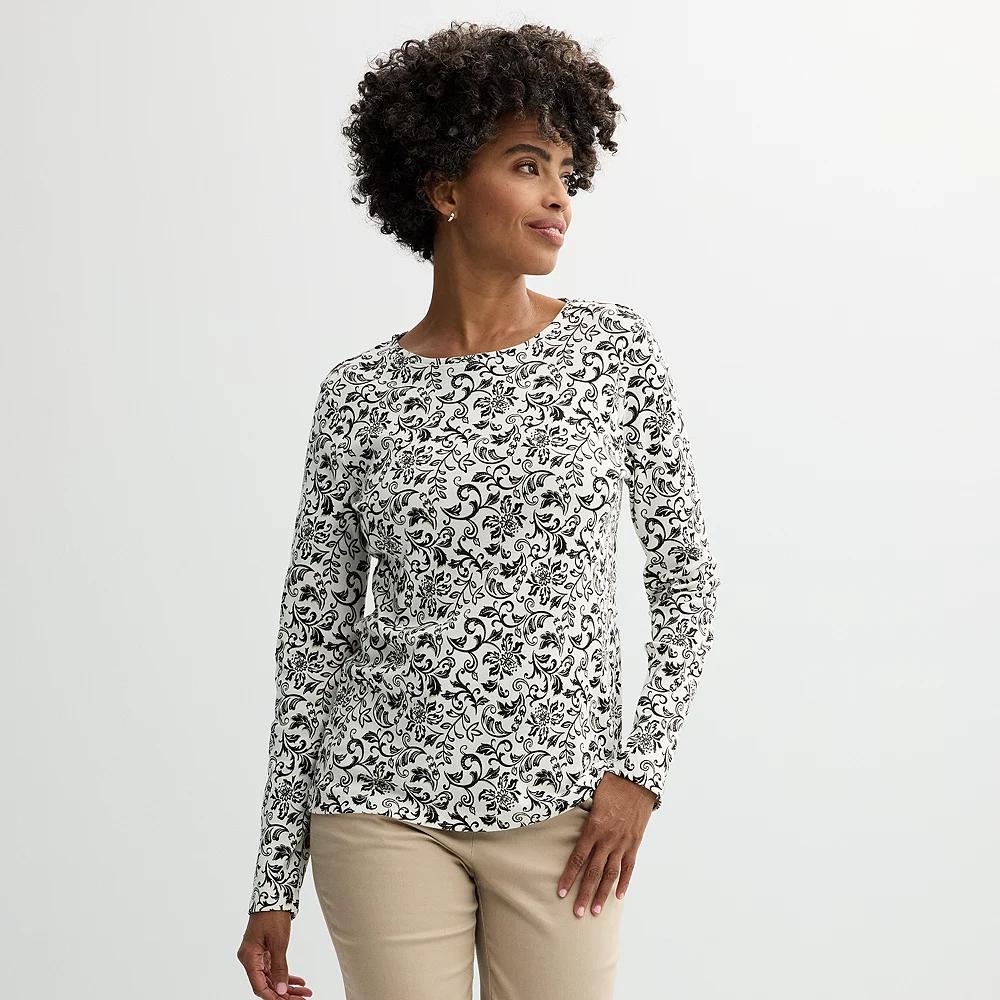 Women's Croft & Barrow® Essential Long-Sleeve Crewneck Tee, Size: Small, Ivory Black Scroll Product Image