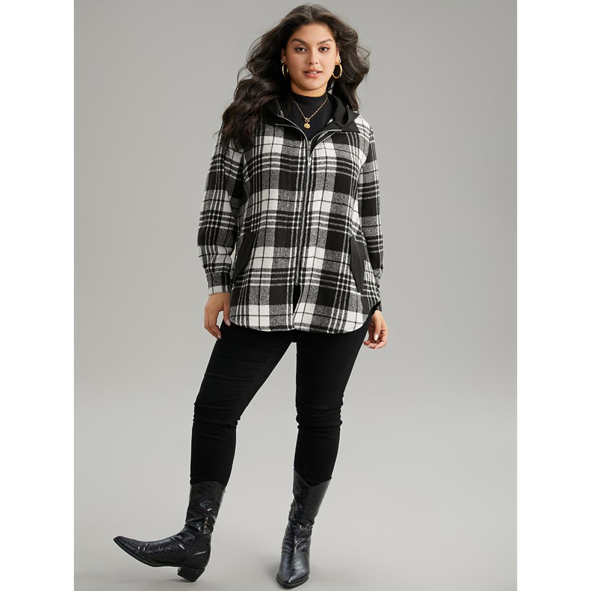 Plus Size Plaid Patchwork Zipper Contrast Hooded Jacket Women Black Contrast Pocket Everyday Jackets BloomChic 10/M Product Image