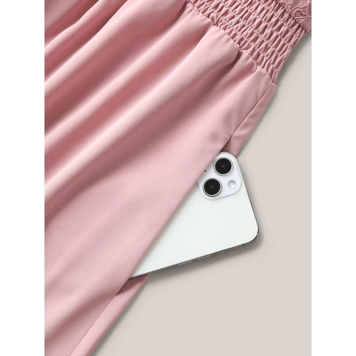 Plus Size Lace Sheer Stretchy Waist Solid Midi Dress Watermelon Women V-neck Short sleeve Curvy BloomChic 14-16/1X Product Image