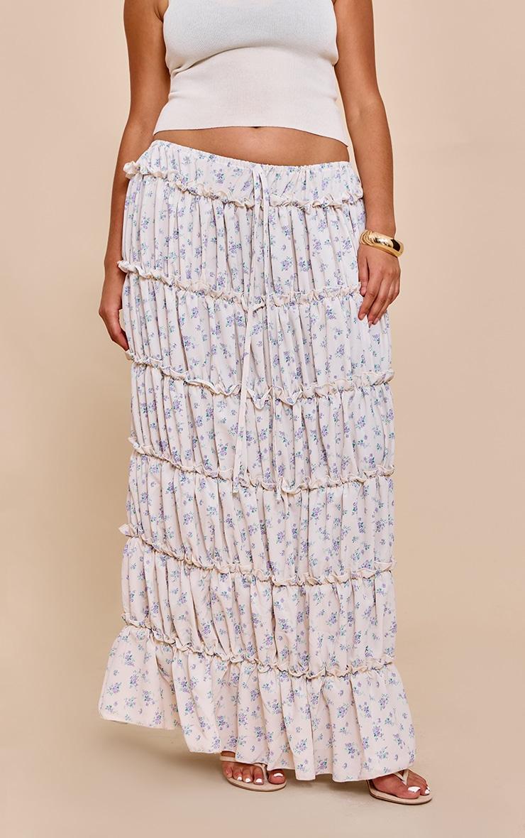 Plus Blue Ditsy Floral Print Tiered Maxi Skirt Product Image