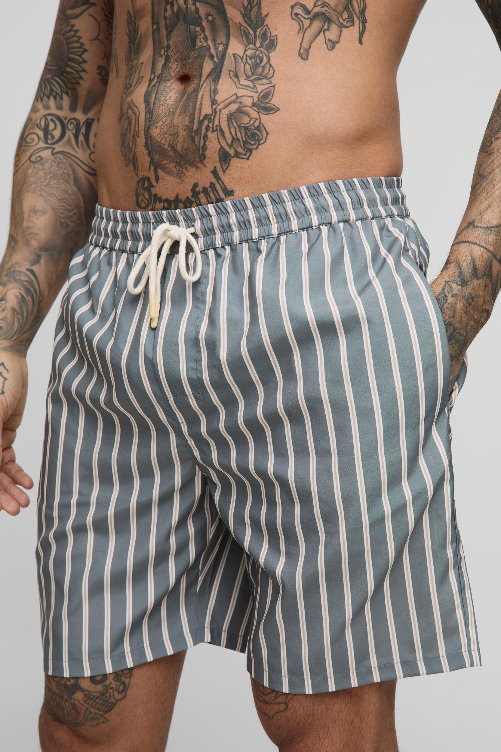 Tall Mid Length Stripe Swim Short | boohooMAN USA Product Image