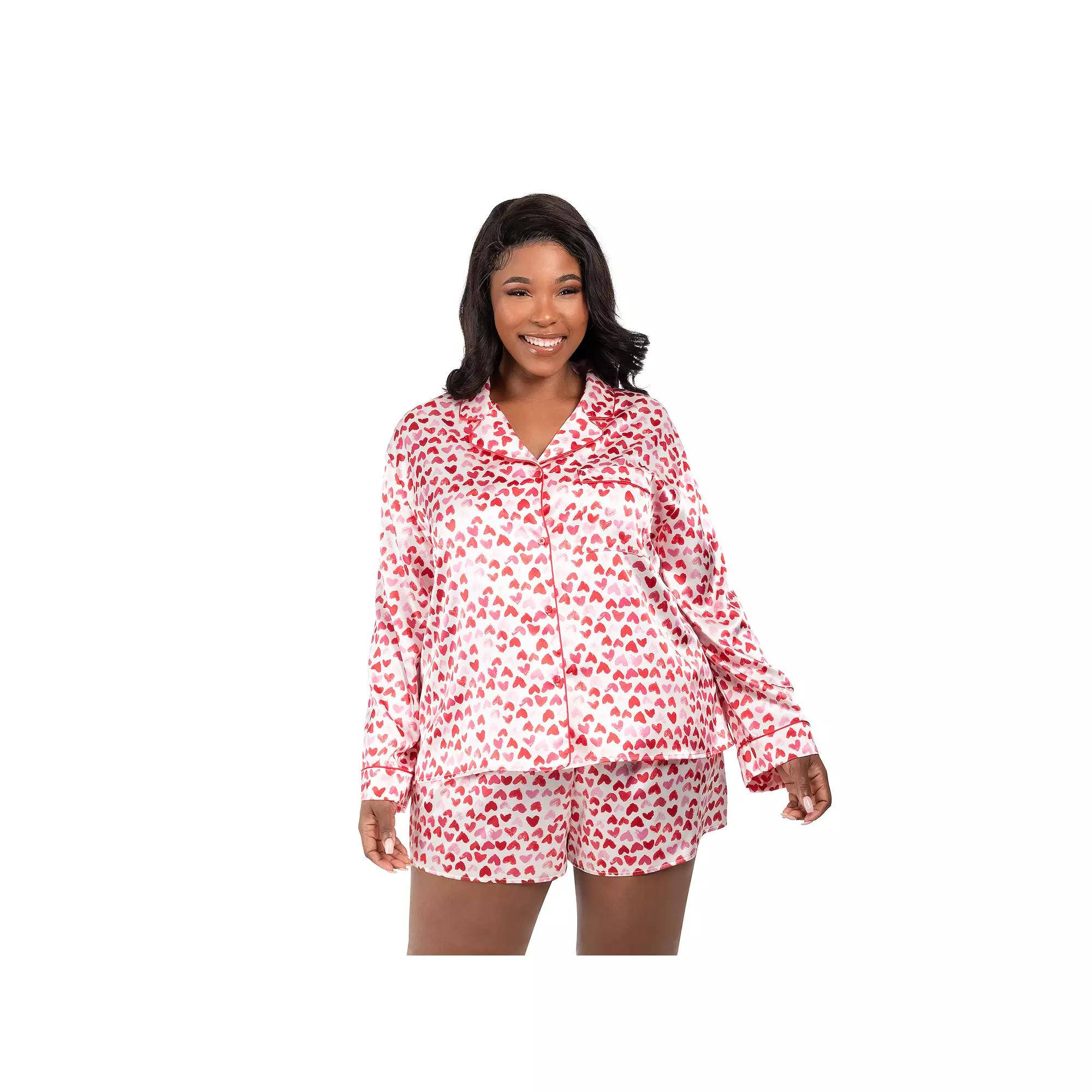 Plus Size Lilac+London 2-Piece Long Sleeve Pajama Top & Pajama Shorts Set, Women's, Size: 2XL, Pink Hearts Product Image