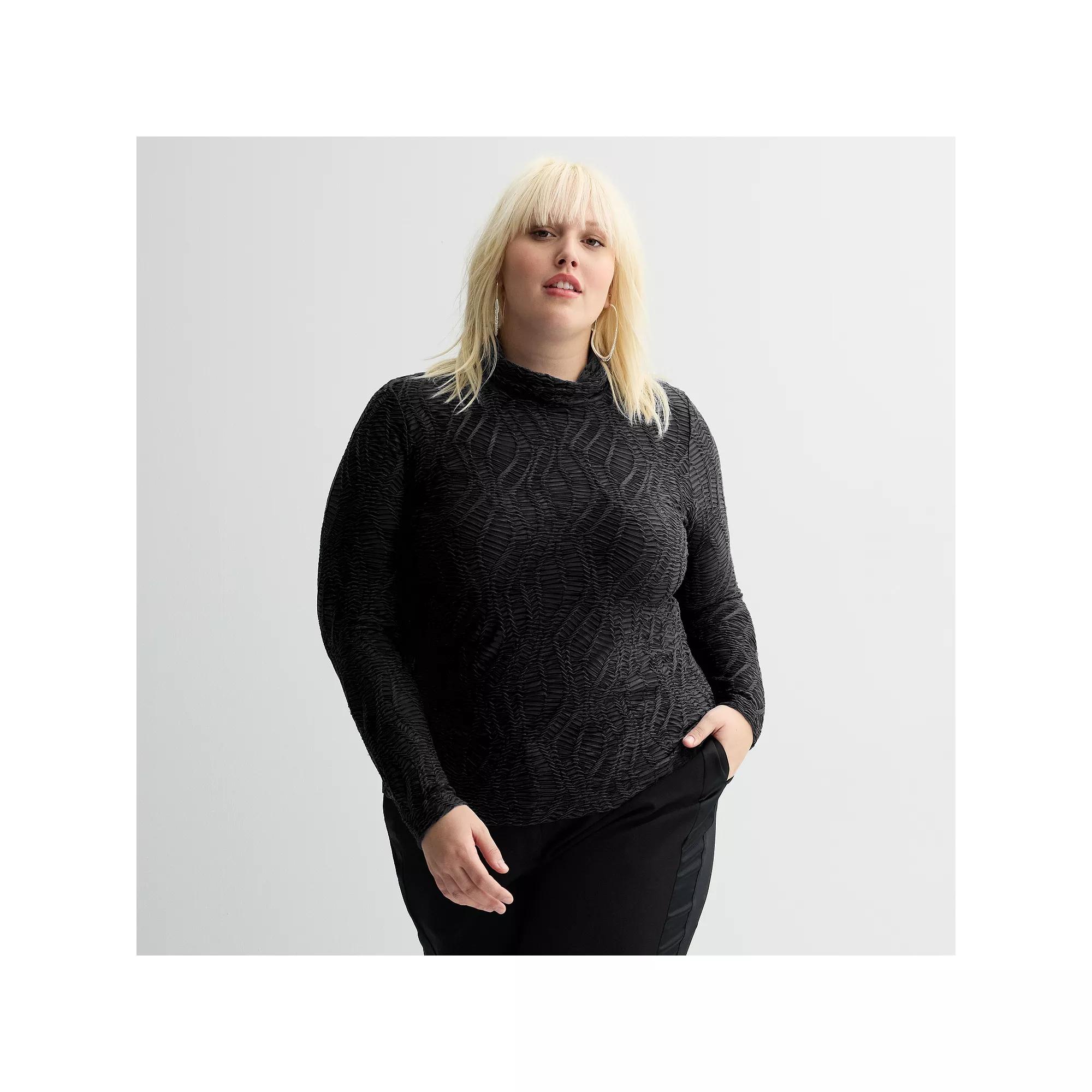 Plus Size INTEMPO™ Long Sleeve Mockneck Textured Knit Top, Women's, Size: 1XL, Black Product Image