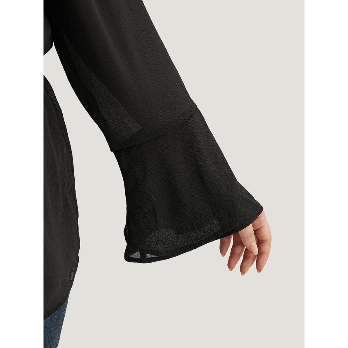 Plus Size Black Chiffon Mesh Tiered Bell Sleeve Blouse Women Office Long Sleeve Round Neck Work Blouses BloomChic 14-16/1X Product Image