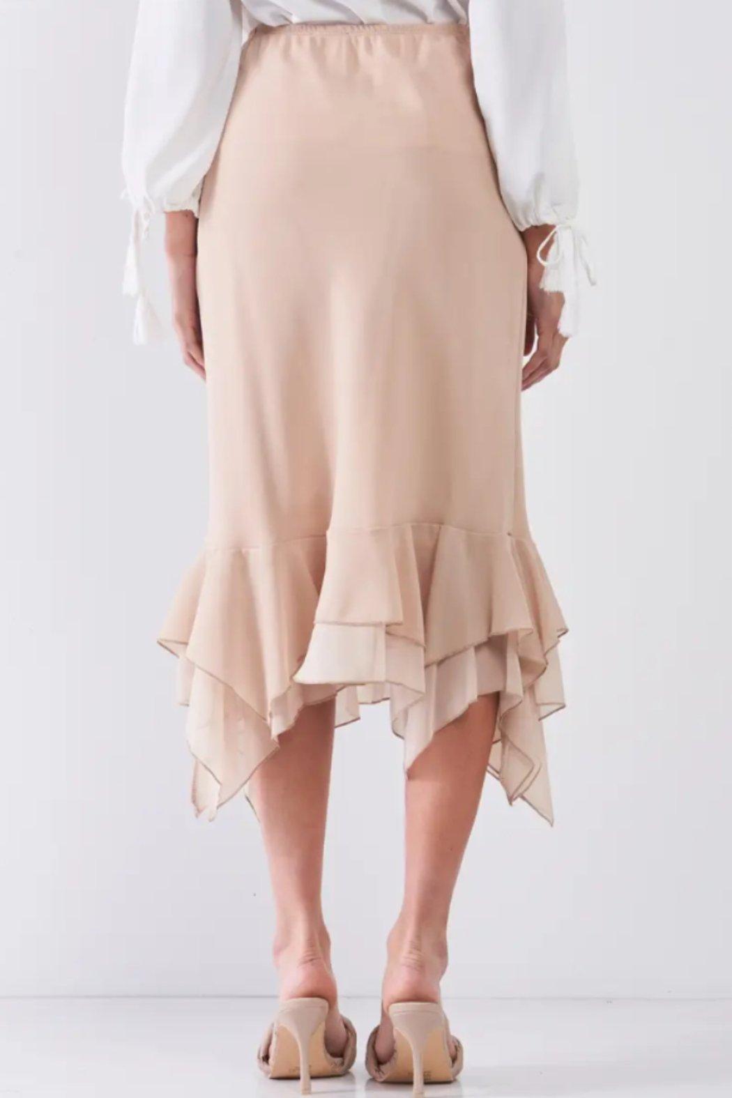 High-Waisted Fitted Asymmetrical Flare Hem Midi Pencil Skirt Product Image