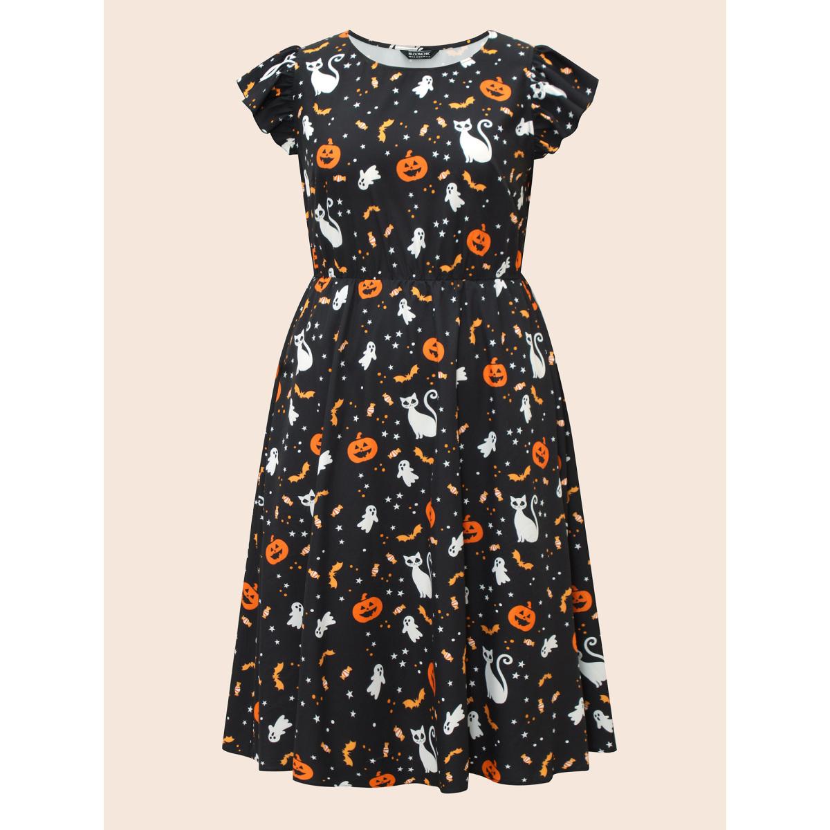 Plus Size Pumpkin Printed Ruffle Sleeves Midi Dress Black Women Playful Ruffles Party Curvy Bloomchic 28/5X Product Image