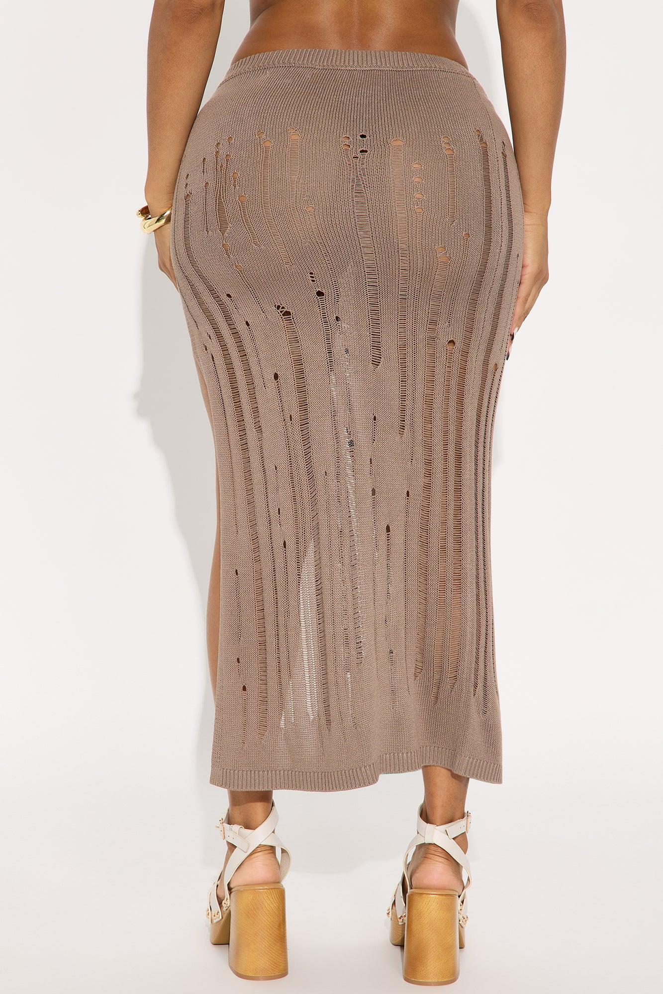 Baddie In Distress Knit Midi Skirt - Taupe Female Product Image