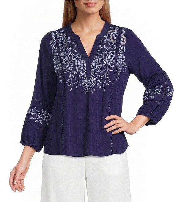 Nurture Embroidered 3/4 Sleeve V-Neck Placket Top Product Image