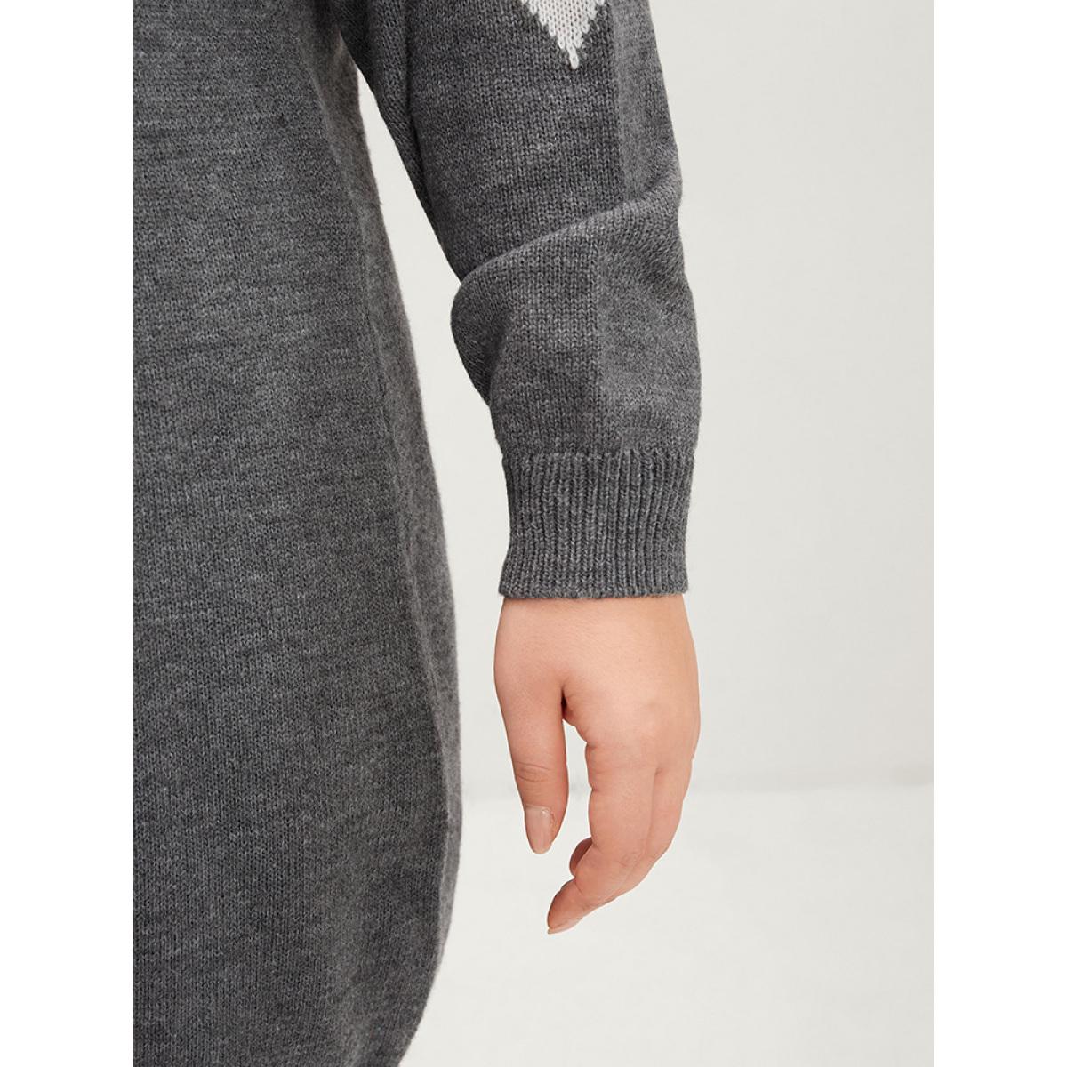 Plus Size Colorblock Contrast Pointelle Knit Round Neck Mid Long Knit Top Burgundy Women Casual Loose Long Sleeve Round Neck Everyday Pullovers BloomChic 26/4X Product Image