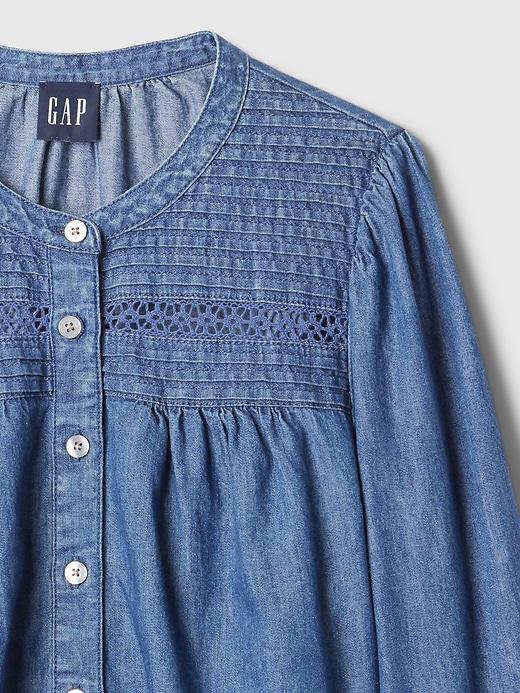 Puff-Sleeve Lace-Trim Denim Shirt Product Image
