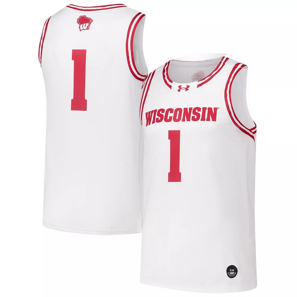 Men's Under Armour #1 White Wisconsin Badgers Replica Basketball Jersey, Size: Small Product Image