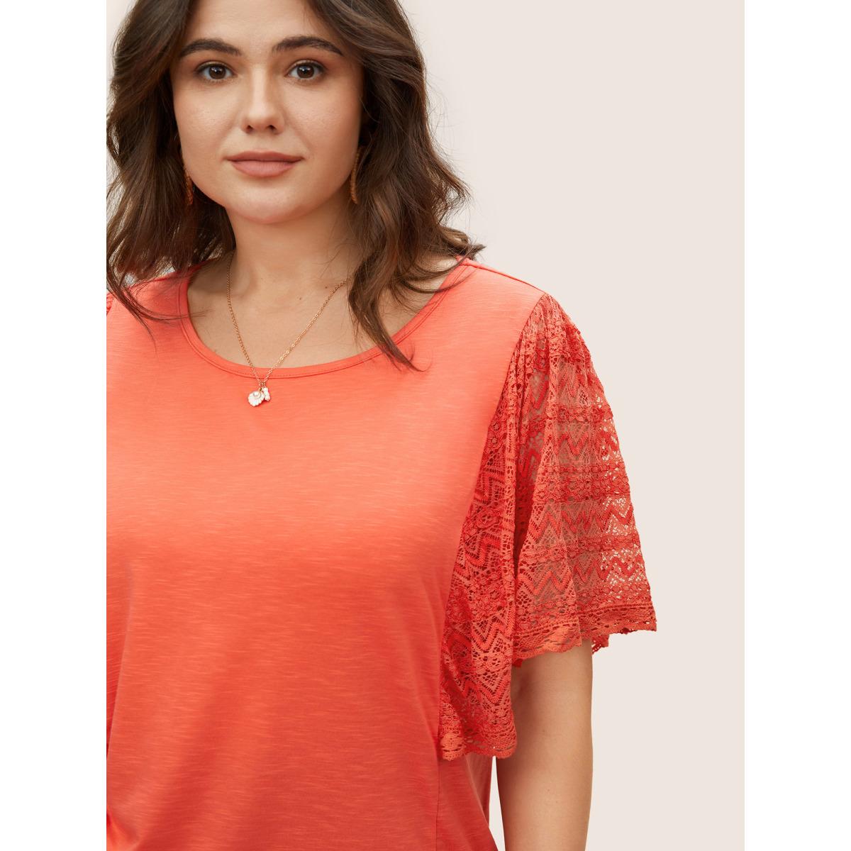 Plus Size Crochet Lace Mesh Flutter Sleeve T-shirt OrangeRed Women Resort Patchwork Round Neck Vacation T-shirts BloomChic 10/M Product Image