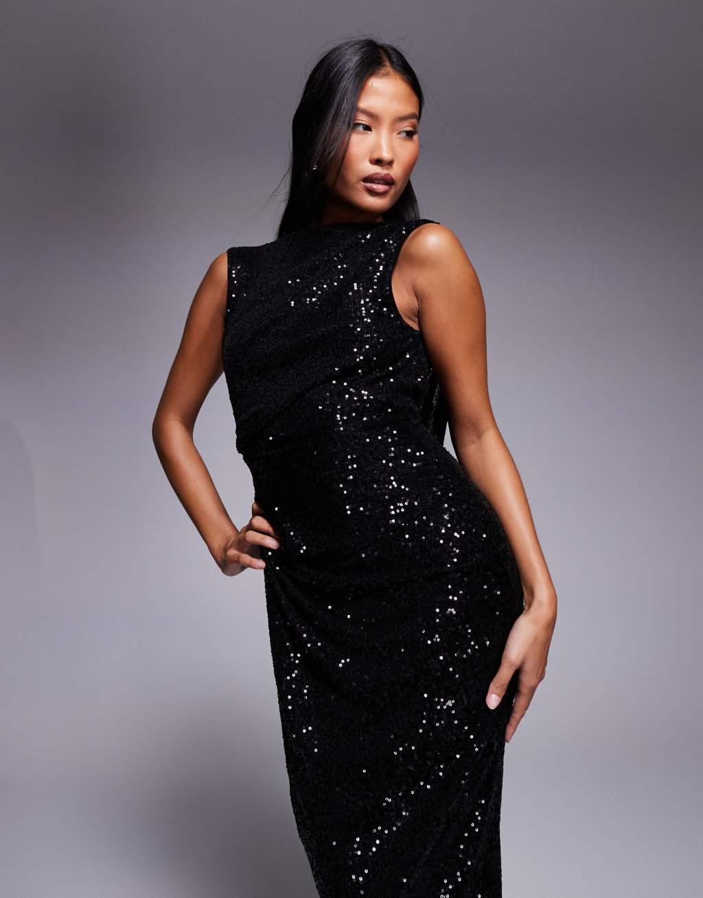 ASOS DESIGN Petite sequin high neck midi dress with asymmetric cowl back in black Product Image