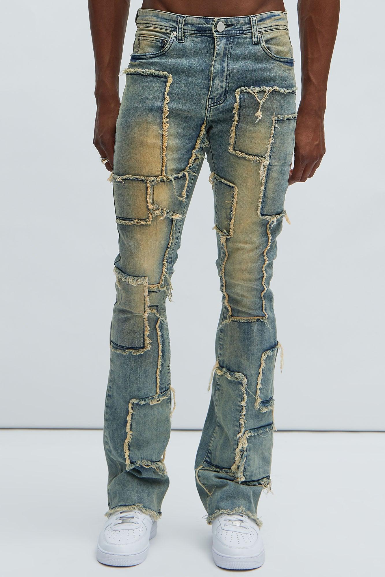 Frayed Patches Stacked Skinny Flare Jeans - Vintage Blue Wash Product Image