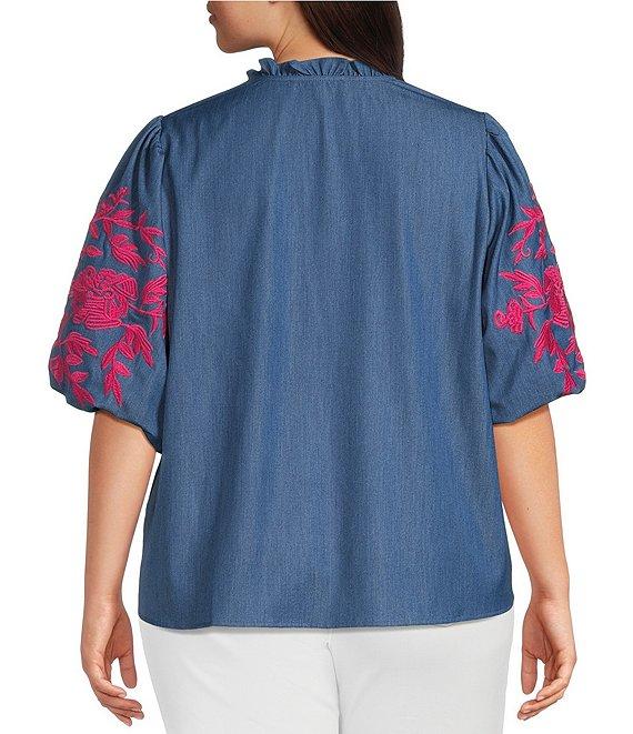 Calessa Plus Size Embroidered Elbow Sleeve Split V-Neck Tunic Product Image