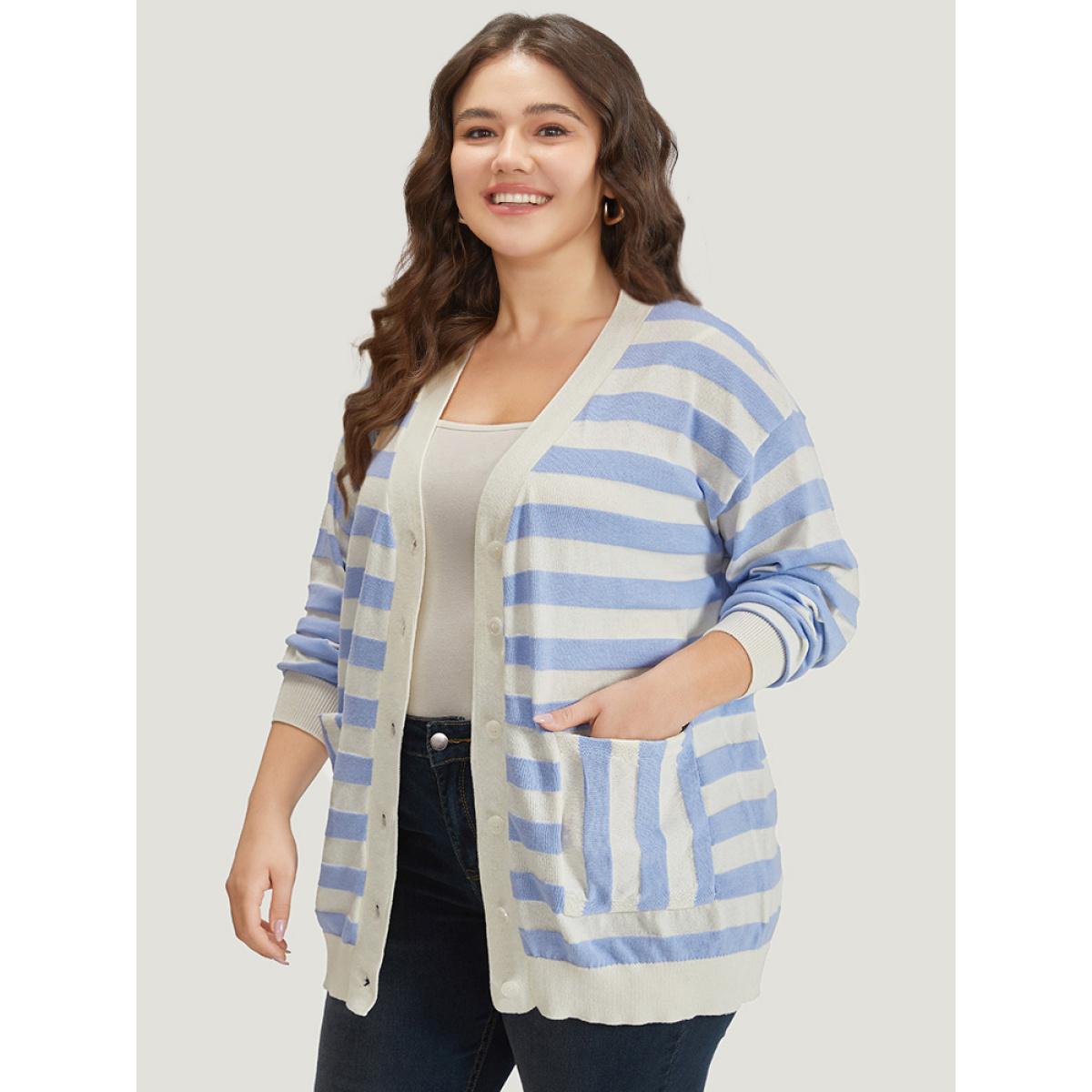Plus Size Striped Button Down Patched Pocket Cardigan LightBlue Women Casual Loose Long Sleeve Everyday Cardigans BloomChic 30/6X Product Image