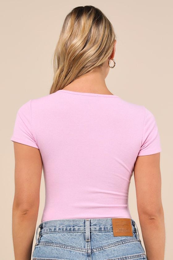 Lovely Ties Pink Ribbed Knit Tie-Front Short Sleeve Bodysuit Product Image