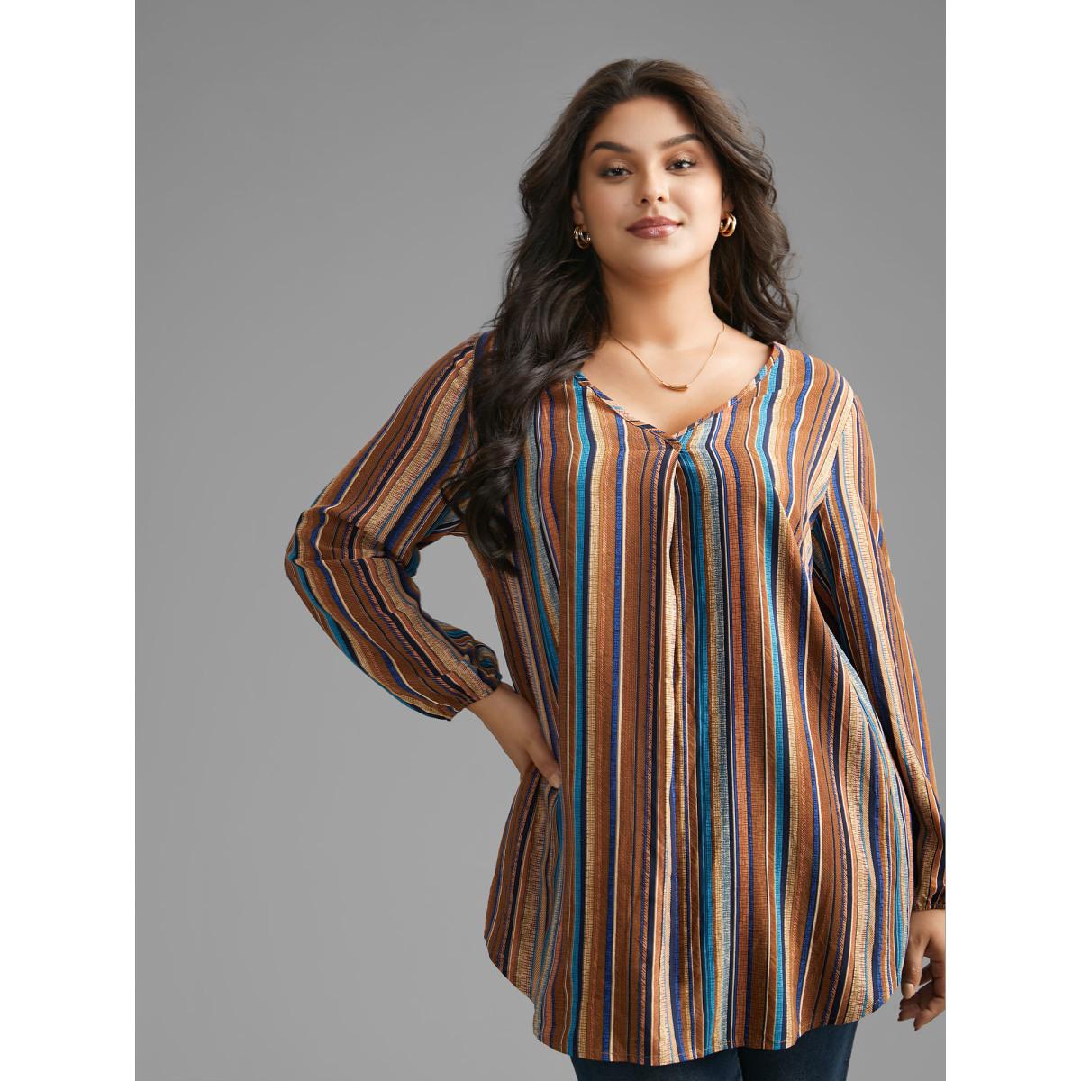 Plus Size Multicolor Contrast Striped Pocket Lantern Sleeve Blouse Women Elegant Extra Long Sleeve V-neck Everyday Blouses BloomChic 10/M Product Image
