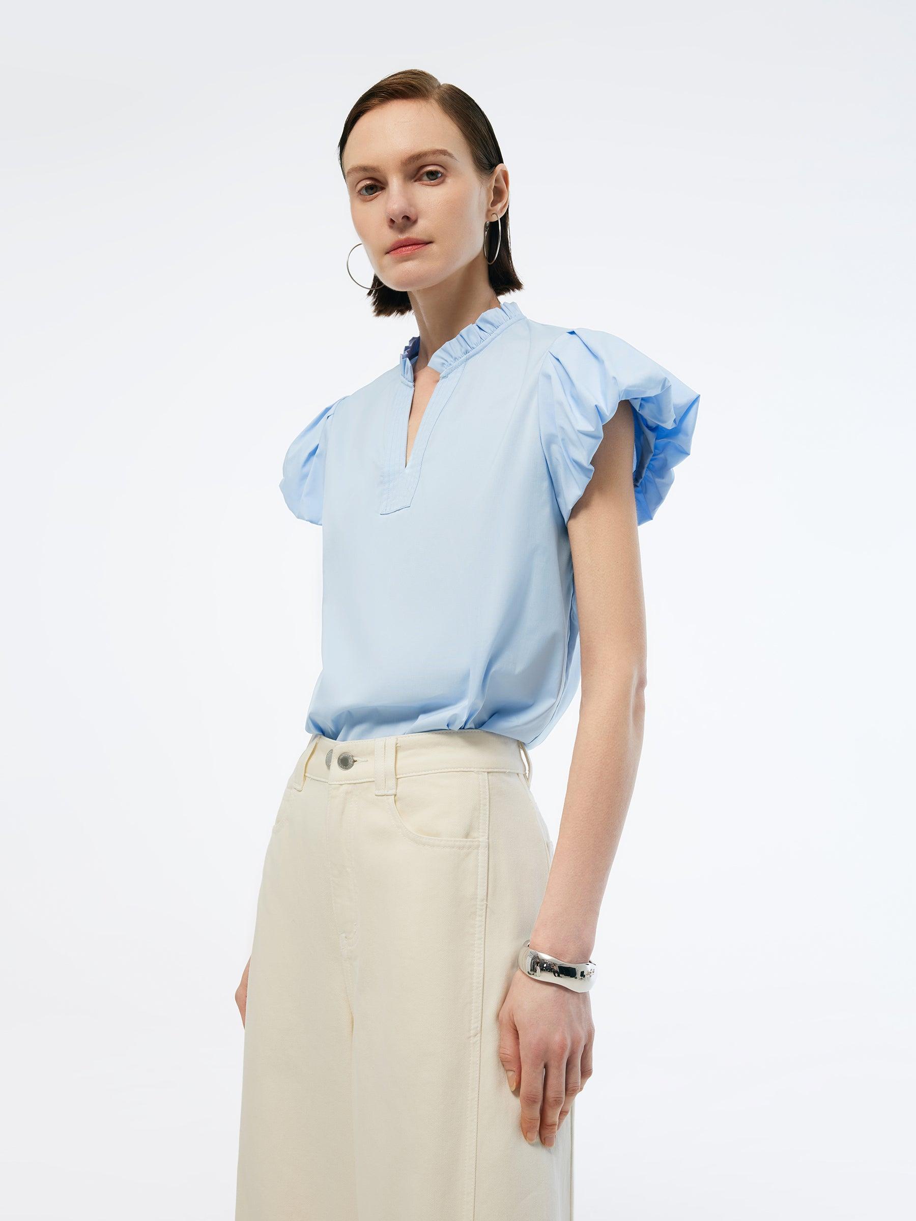 Ruffle Collar V-Neck Women Puff Sleeve Blouse Product Image