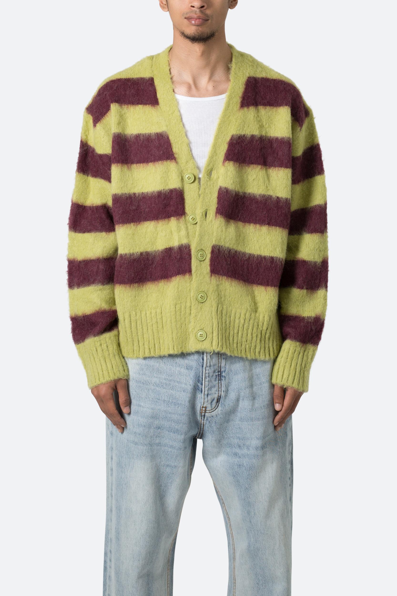 Striped Mohair Cardigan Sweater - Green/Brown Product Image