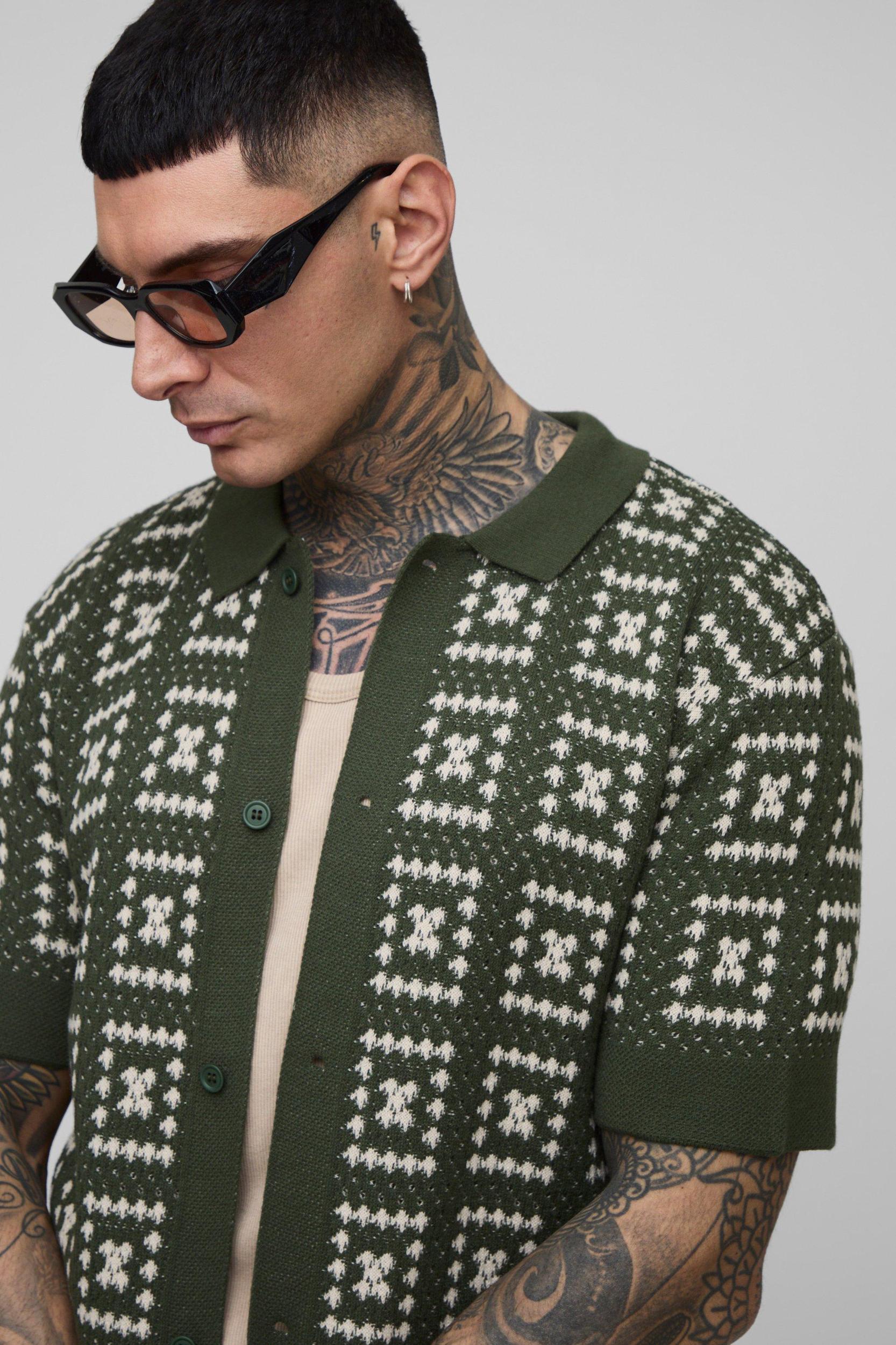 Tall Oversized Crochet Shirt & Short Set | boohooMAN USA Product Image