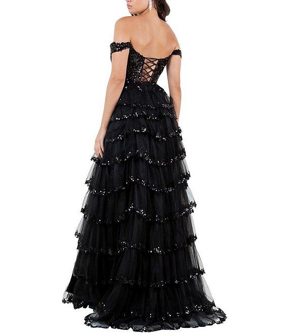 Cinderella Couture Off-The-Shoulder Sequin Beaded Bodice Tiered Tulle Ruffled A-Line Gown Product Image