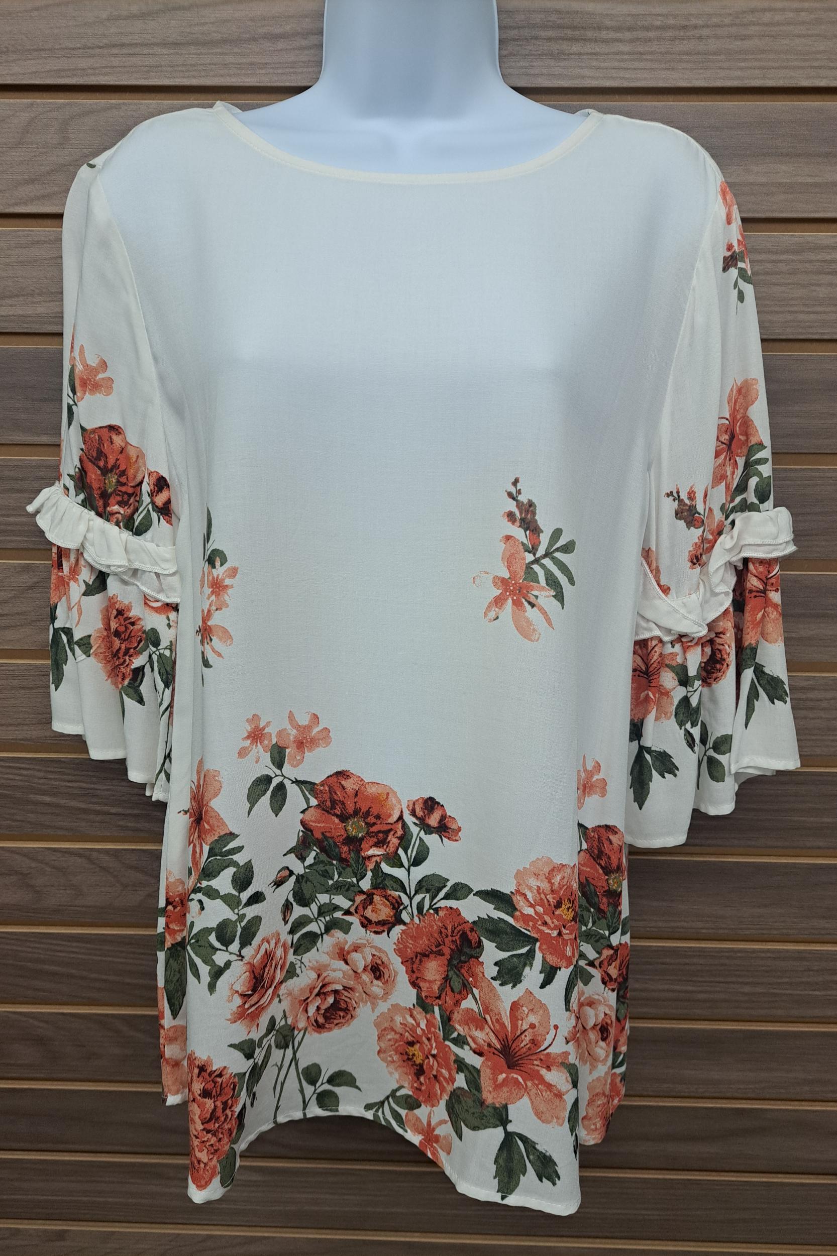 Cream floral ruffle sleeve single button back Product Image