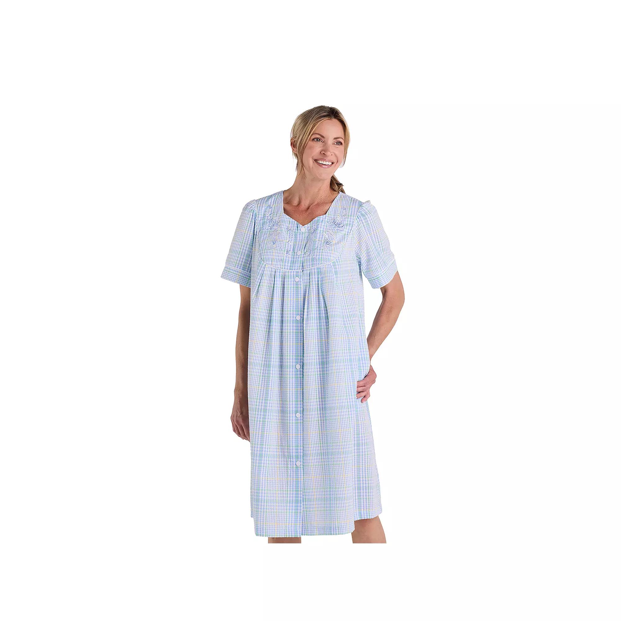 Women's Miss Elaine Essentials Seersucker Short Snap Robe, Size: Small, Blue Mint Check Product Image