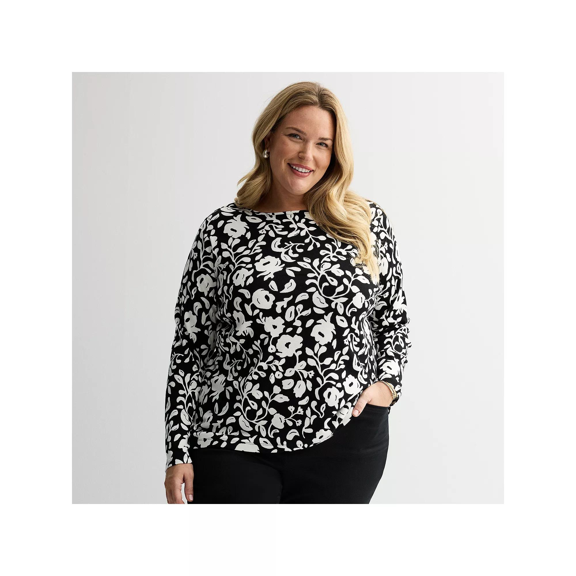 Plus Size Croft & Barrow® Essential Crewneck Long Sleeve Tee, Women's, Size: 3XL, Black Chic Floral Product Image