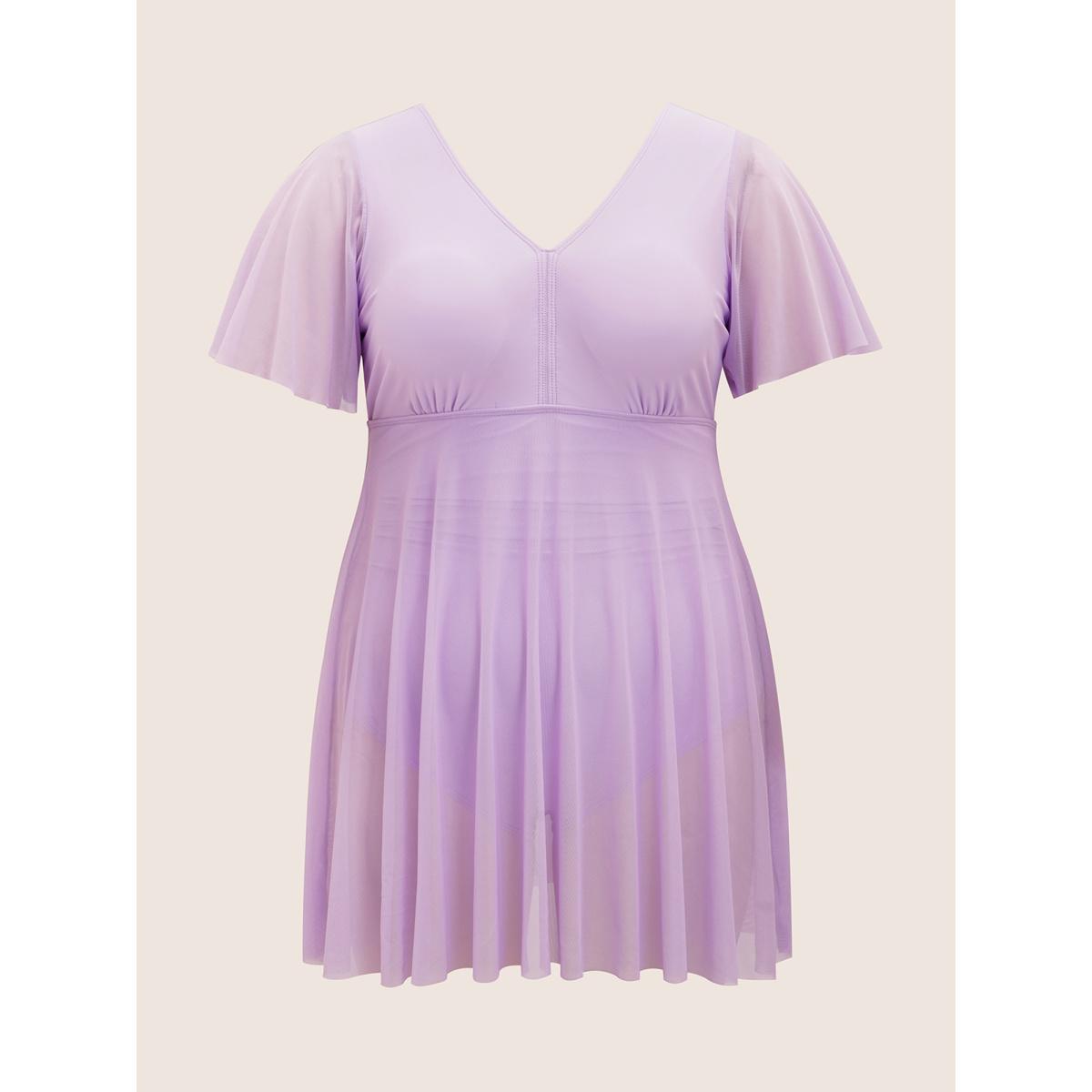 Plus Size Solid Patchwork See Through Ruffle Sleeve Swim Dress Women's Swimwear Lilac Beach Bodycon V-neck High stretch Curve Swim Dresses BloomChic 14-16/1X Product Image