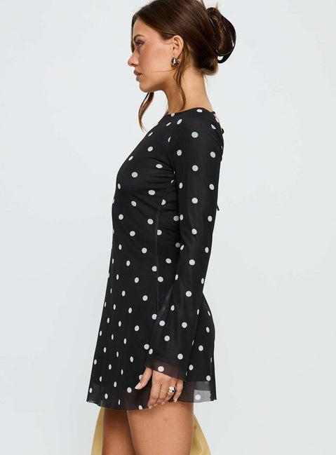 Lukea Long Sleeve Mini Dress Black Polka Dot Product Image