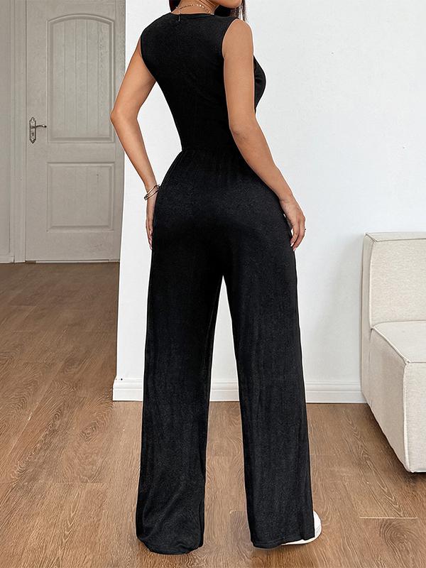 High Waisted Loose Solid Color Round-Neck Jumpsuits Product Image