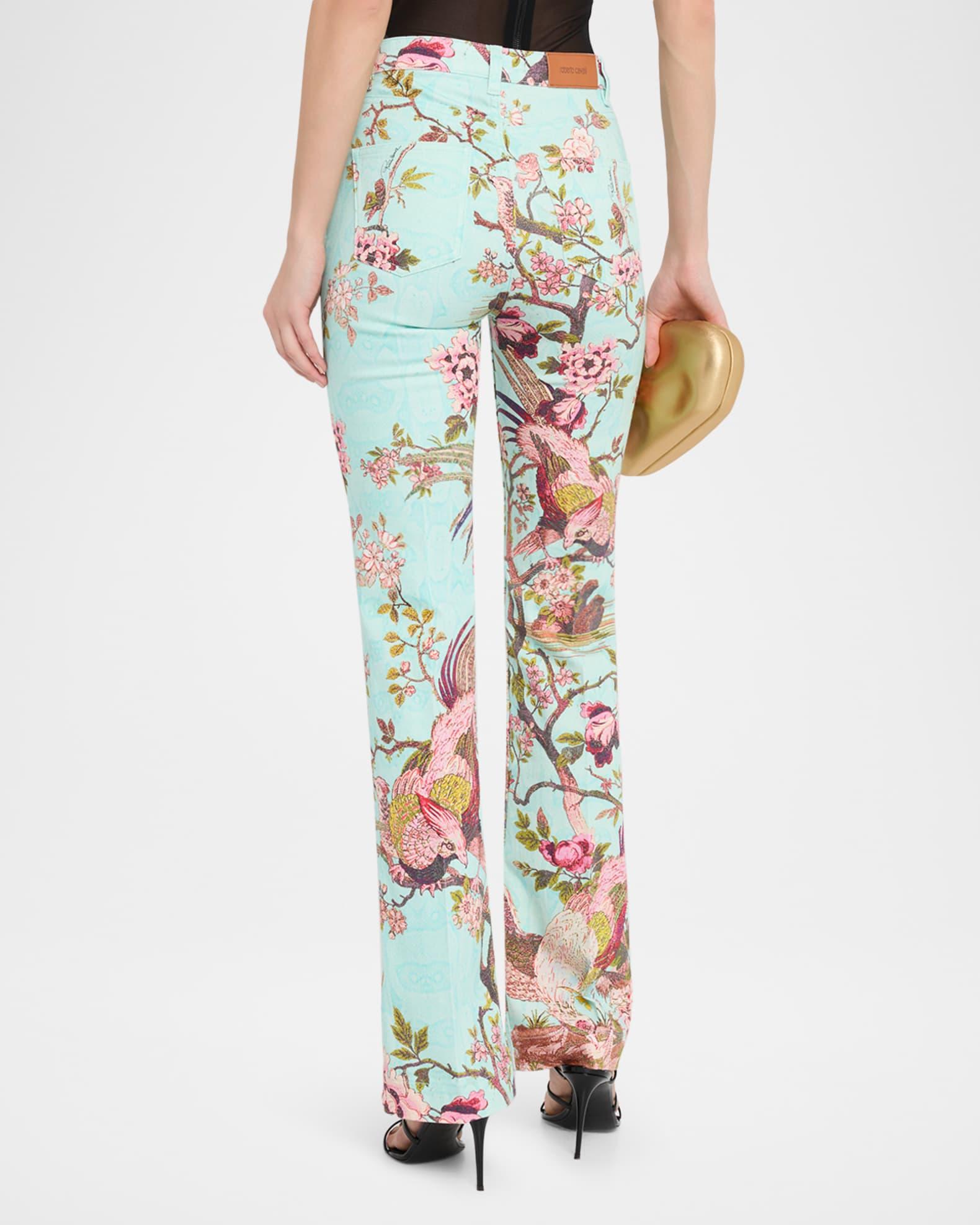 Bird-Print Flared Stretch Cotton Trousers Product Image