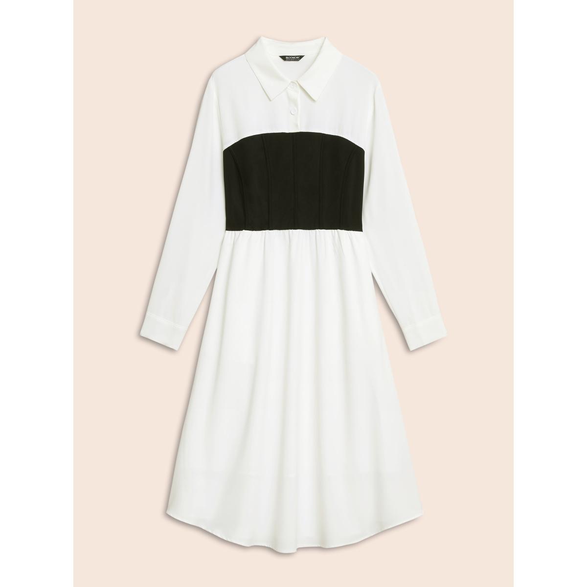 Plus Size Contrast Patchwork Pleated Midi Dress WhiteSmoke Women At the Office Contrast Shirt collar Long Sleeve Curvy BloomChic 28/5X Product Image