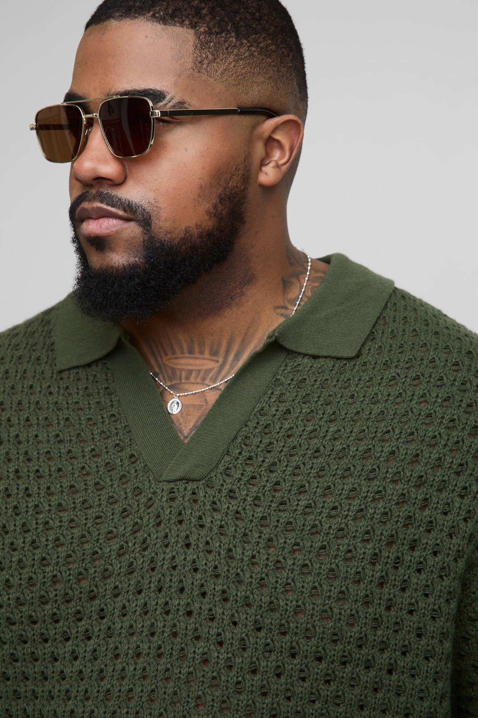 Plus Oversized Chunky Crochet V Neck T-Shirt | boohooMAN USA Product Image