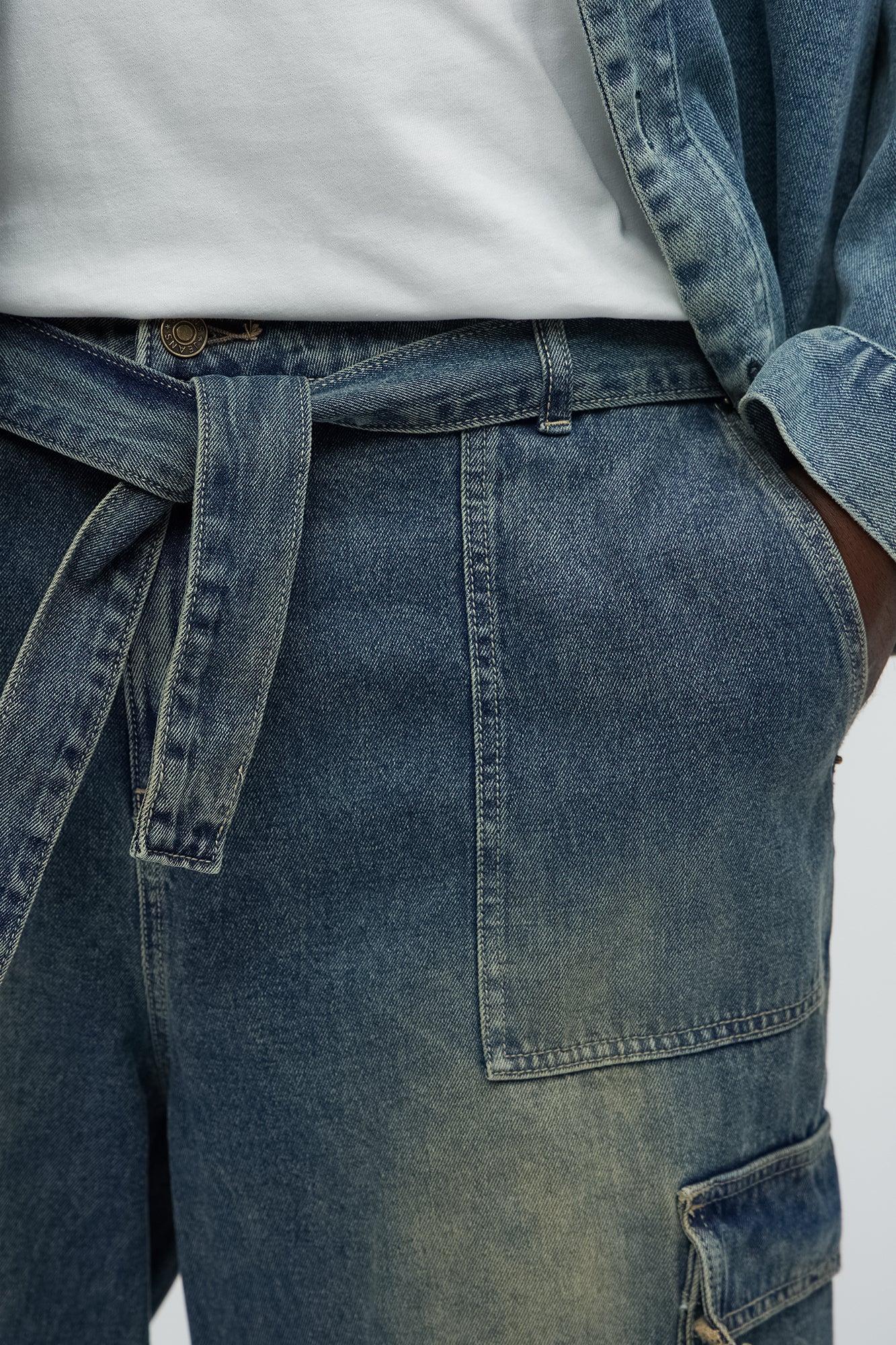 Tied Up Cargo Baggy Jeans - Medium Blue Wash Product Image