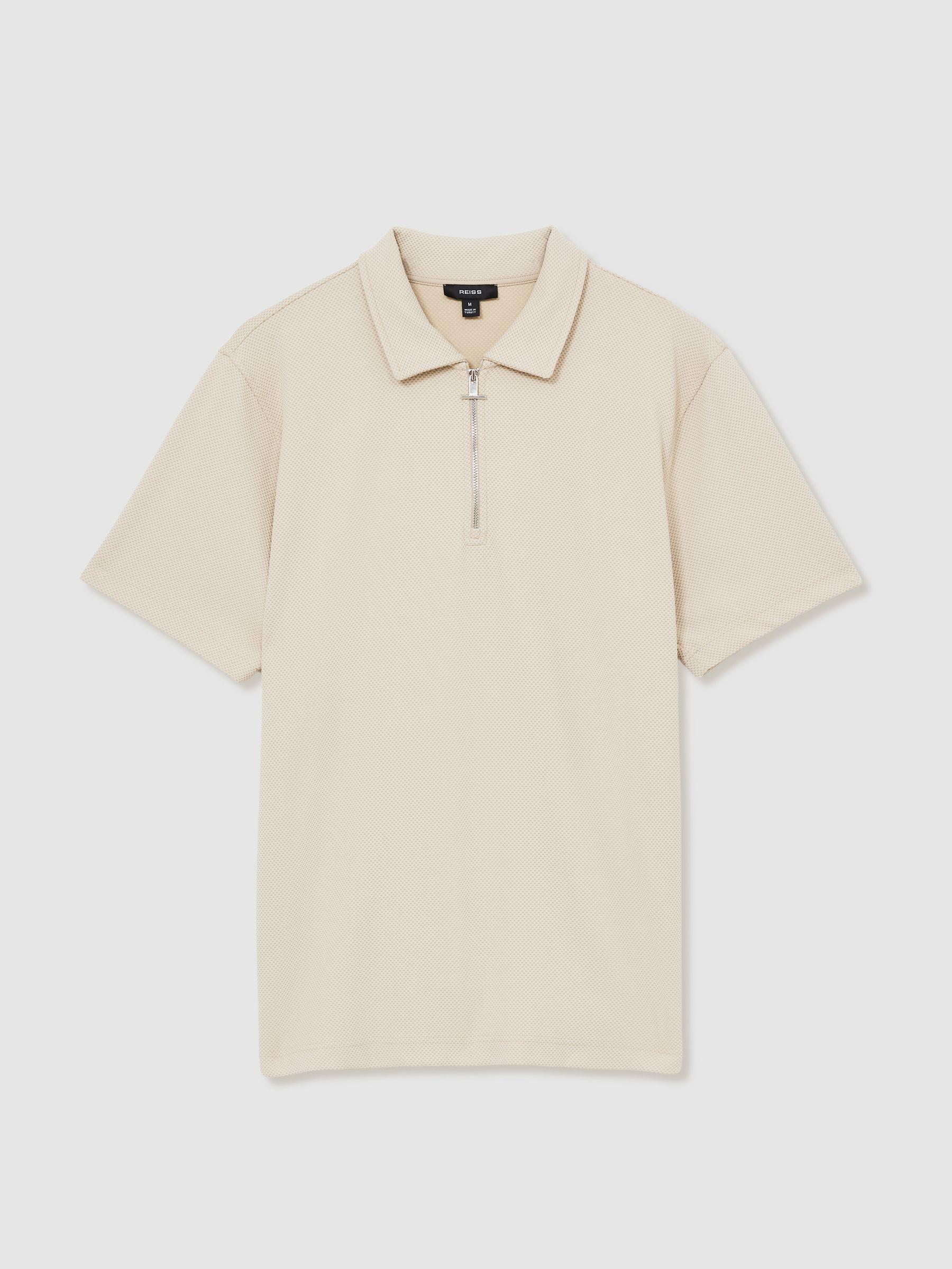 Textured Zip-Neck Polo Shirt in Stone Product Image