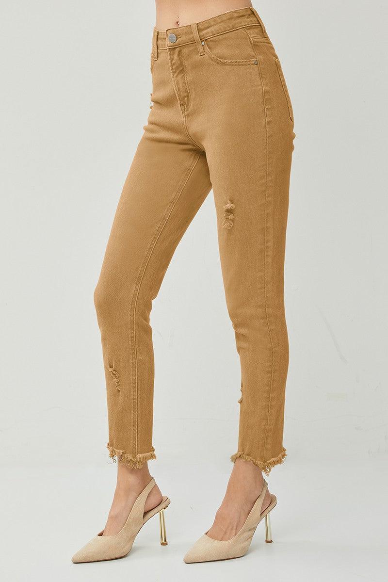 HIGH RISE FRAY HEM ANKLE SKINNY PANTS Product Image